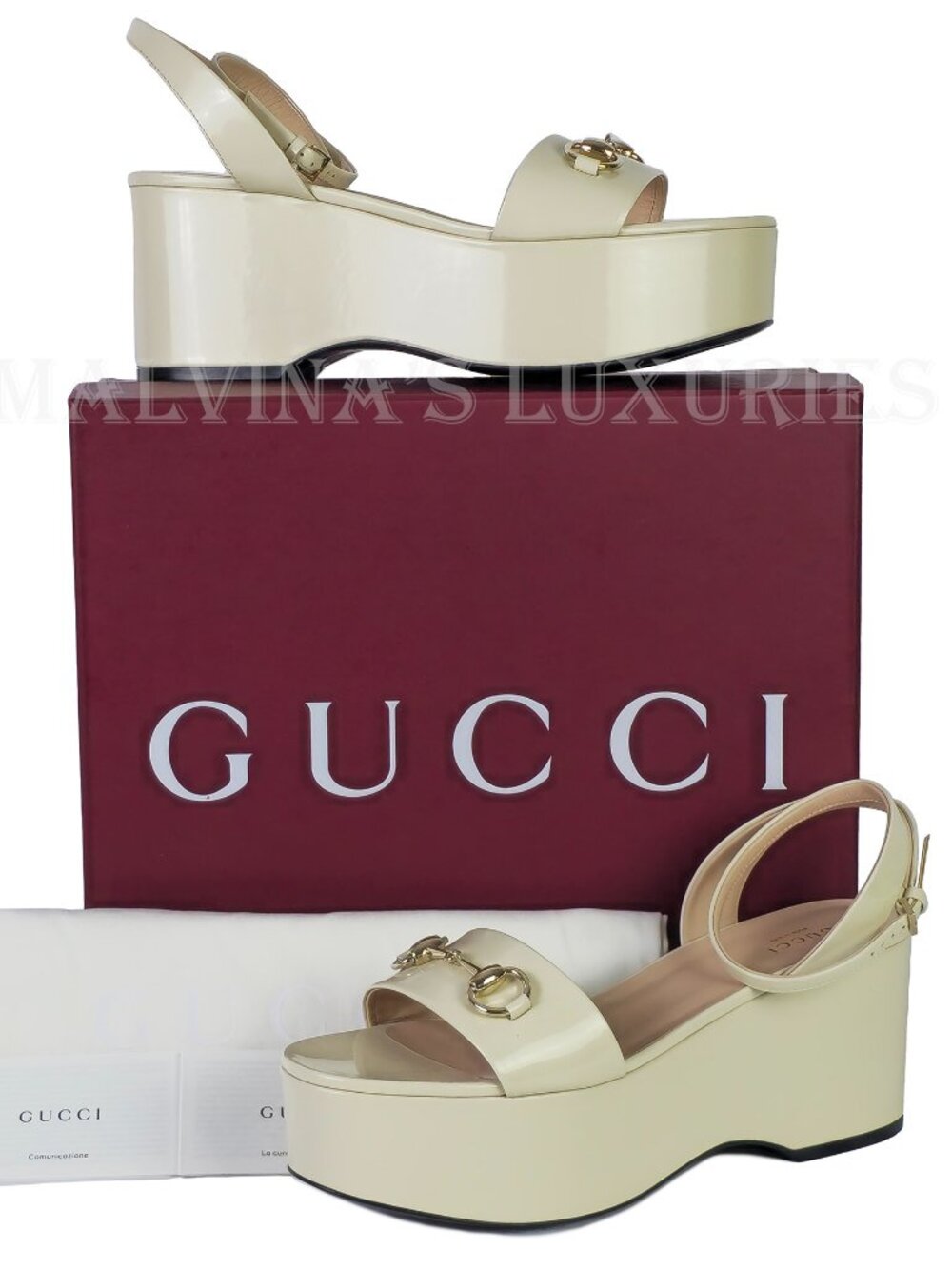 GUCCI SHOES LADY IVORY LEATHER PLATFORM HORSEBIT SANDALS sz 39 9 US - Picture 7 of 17